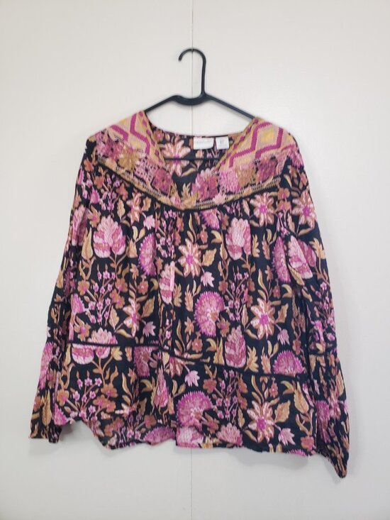 Rachel Zoe Tops - Rachel Zoe Women S Blouse Boho Peasant Embroidered Black Pink 100% Cotton Floral